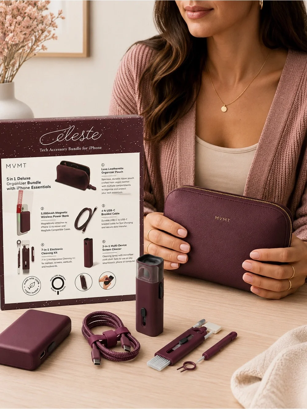 NWT MVMT Celeste iPhone Tech Accessory Bundle Magnetic PowerBanks Burgundy